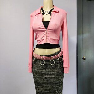 Dolls Kill Sweet Stop Whining Zip Up Pink O-Ring Long Sleeved Emory Crop Top